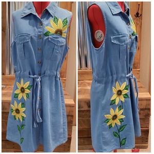 Handpainted sunflower chambray shirt dress XL one of a kind original